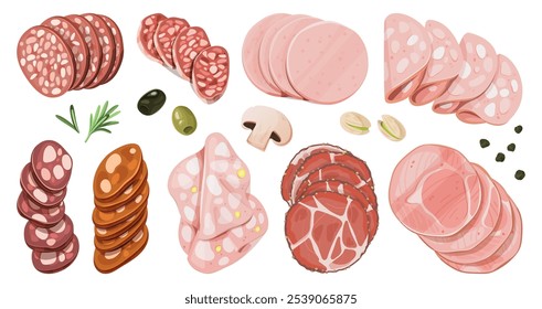 Illustration of assorted sliced cured meats including salami, ham, and bologna, alongside olives, herbs, and nuts, ideal for charcuterie boards. Food and cooking concept.