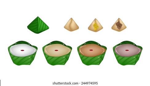 Illustration of Assorted Stuffed Dough Pyramid Dessert and Chinese Pudding or Chinese Sweetmeat for Pay Respect to God in Chinese New Year. 
