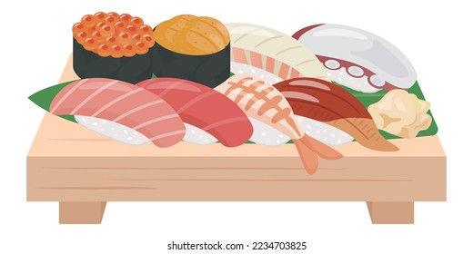 Illustration of assorted sushi platter