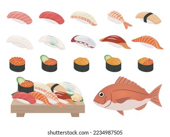 Illustration of assorted sushi platter