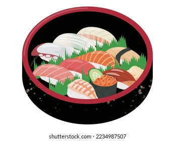 Illustration of assorted sushi platter