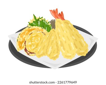 An illustration of an assortment of tempura served on a plate.