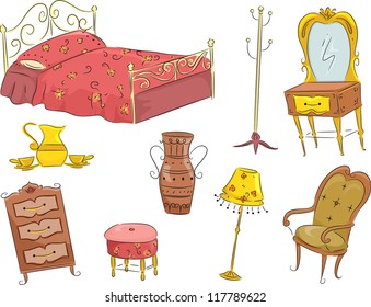 Illustration of an Assortment of Vintage Furniture Including a Bed, a Dresser, a Wardrobe, a Chair, and a Lamp