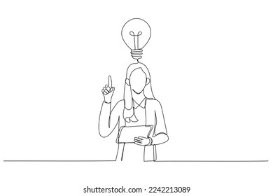 Illustration of astonish businesswoman finally found a solution how to make exercise having raised pen and notebook in hands. One continuous line art style