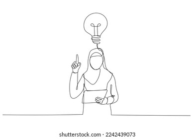 Illustration of astonish muslim businesswoman finally found a solution how to make exercise having raised pen and notebook in hands. Single continuous line art