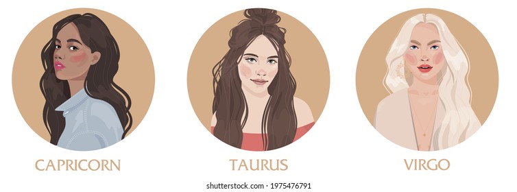 Illustration of  astrological sign element earth  as a beautiful girls. Zodiac vector illustration isolated on white. Future telling, horoscope, alchemy, spirituality, occultism, fashion woman.