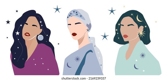 Illustration of astrological sign element earth as a beautiful girls. Zodiac vector illustration isolated on white. Future telling, horoscope, alchemy, spirituality, occultism, fashion woman. Space 