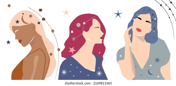 Illustration of astrological sign element earth as a beautiful girls. Zodiac vector illustration isolated on white. Future telling, horoscope, alchemy, spirituality, occultism, fashion woman. 