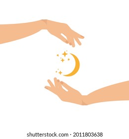 Illustration of astrology. Hands moon, stars. Vector illustration in flat design