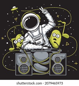 illustration of astronaut disc jockey with green alien 