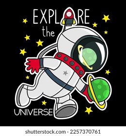 Illustration of an astronaut exploring the universe, with a planet Saturn in his hand