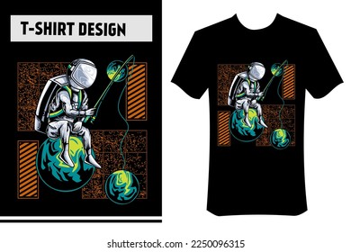 illustration of an astronaut fishing in space, carrying a fishing rod and sitting on a planet. premium vector illustration, modern design concept. suitable for printing on t-shirts, merchandise, cloth