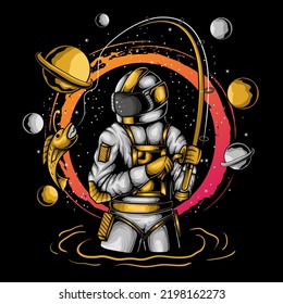 illustration of astronaut fishing in space with planet and black hole background