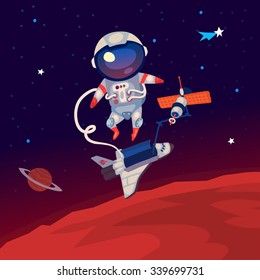 Illustration with an astronaut floating in outer space over Mars near the station and shuttle.