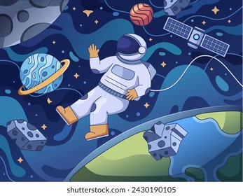 Illustration of an astronaut floating in space with asteroids, planets, and stars twinkling around them. The astronaut wears a spacesuit with a helmet and an oxygen hose connected to the suit.