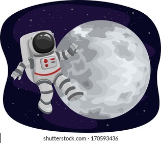 Illustration eines Astronauten, der im Weltraum auf dem Hintergrund des Mondes schwimmt