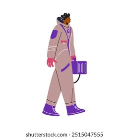 Ilustración de un astronauta en un traje gris caminando con una maleta. Este diseño de Vector muestra un personaje masculino con piel oscura en un estilo de dibujos animados plano y se ve desde el lado. Fondo aislado.