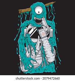 illustration of astronaut with gren alien fighting with gun and slime
