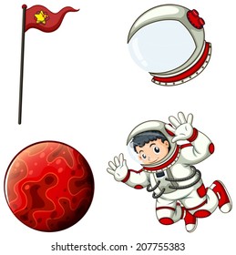 Illustration of an astronaut, a helmet, a banner and a planet on a white background