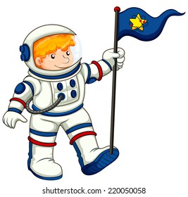 Illustration of an astronaut holding a flag on a white background  