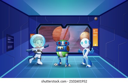 Illustration von Astronautenkindern und Robotern im Raumschiff