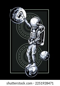 illustration of an astronaut making a painting in space using spray paint. modern vector design. Perfect for printing on t-shirts, merchandise, apparel, hoodies.