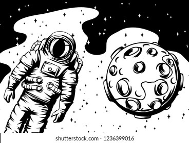 Illustration of astronaut with moon. Spaceman in suit. Cosmonaut in outer space.