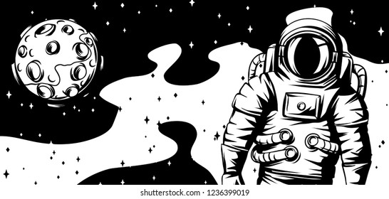 Illustration of astronaut with moon. Spaceman in suit. Cosmonaut in outer space.