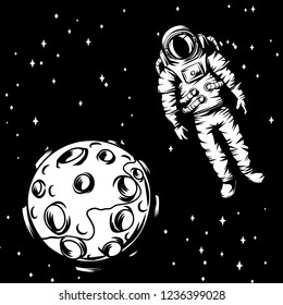 Illustration of astronaut with moon. Spaceman in suit. Cosmonaut in outer space.