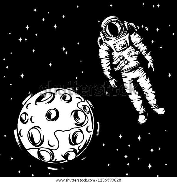 Illustration of astronaut with moon. Spaceman in\
suit. Cosmonaut in outer\
space.