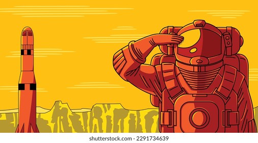 Illustration of an astronaut next to a space rocket, on the surface of a strange planet.
