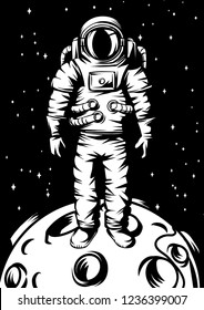 Illustration of astronaut on moon. Spaceman in suit. Cosmonaut in outer space.