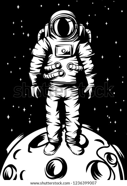Illustration of astronaut on moon. Spaceman in\
suit. Cosmonaut in outer\
space.
