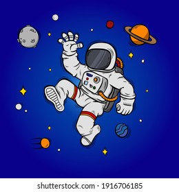 
illustration of an astronaut in outer space. Cute Astronaut Flying Cartoon Vector Illustration. People Science Icon Concept Isolated Premium Vector. Flat Cartoon Style 