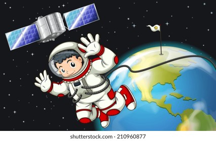 Illustration of an astronaut in the outerspace near the satellite