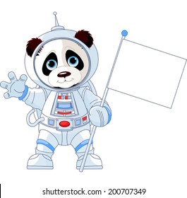 Illustration of astronaut Panda holds blank flag sign