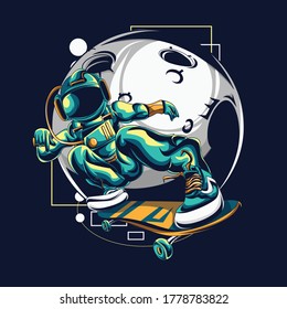 an illustration of an astronaut playing skateboard in the moon