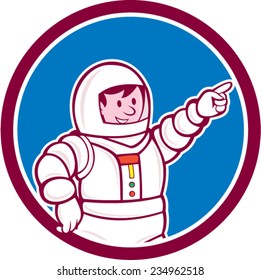 Illustration of an astronaut pointing facing front set inside circle on isolated background done in cartoon style