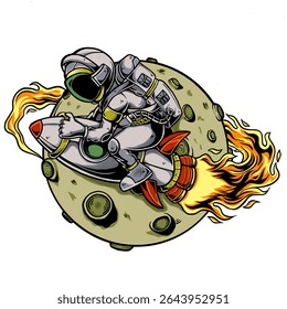 illustration of an astronaut riding a rocket around the moon