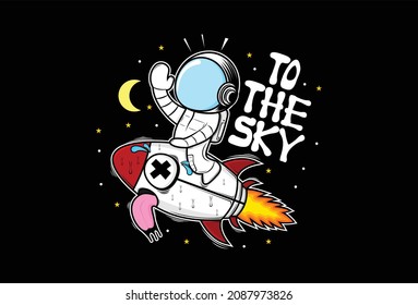 Illustration of an astronaut riding a rocket to the sky until the rocket is sweating from exhaustion. Artwork illustration