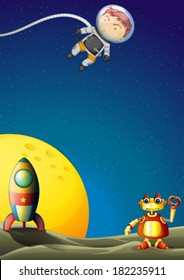 Illustration of an astronaut and a robot in the outerspace