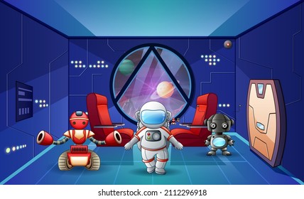 Illustration of astronaut and robots in the spaceship