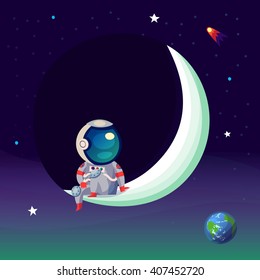 Illustration with an astronaut seating on the moon in outer space looking down at planet Earth.