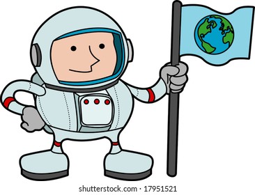 Illustration of astronaut in space gear holding flag with earth on it