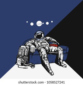 Illustration of astronaut in space, sitting, uniform, science and technology, vector illustration