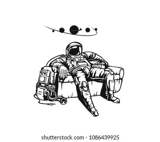 Illustration of astronaut in space, sitting, uniform, science and technology, vector illustration