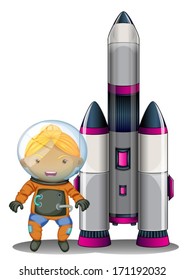 Illustration of an astronaut standing beside the big spaceship on a white background