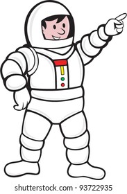 illustration of an astronaut standing and pointing facing front done in cartoon style.