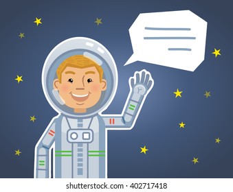 Illustration of an astronaut with text bubble on space background