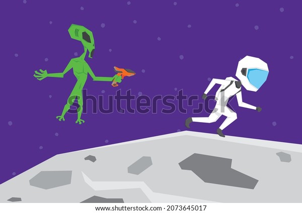 An illustration of an astronaut walking in the\
moon, ambushed by aliens